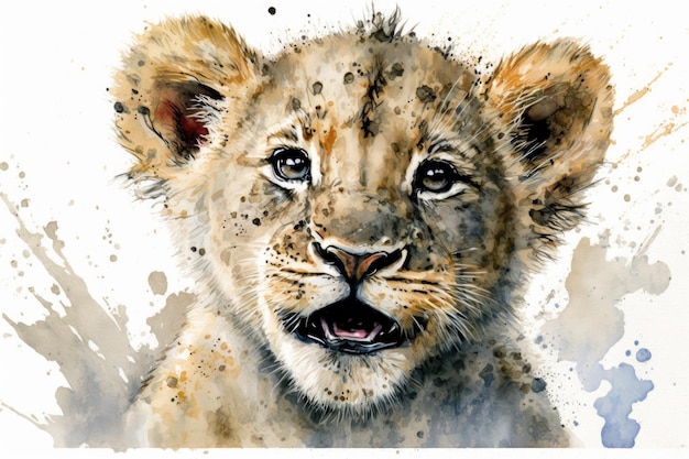 Petit lion mignon chaton visage portrait aquarelle art Generative AI