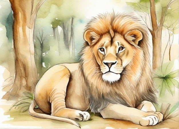 un petit lion mignon avec une illustration à l'aquarelle