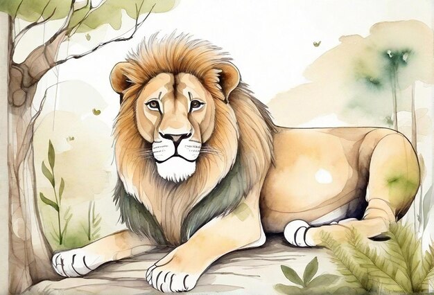 un petit lion mignon avec une illustration à l'aquarelle