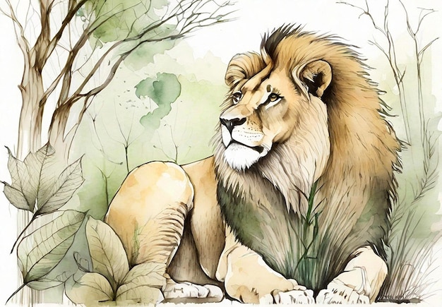 un petit lion mignon avec une illustration à l'aquarelle