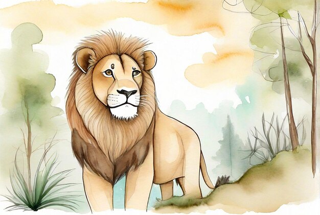 Photo un petit lion mignon avec une illustration à l'aquarelle