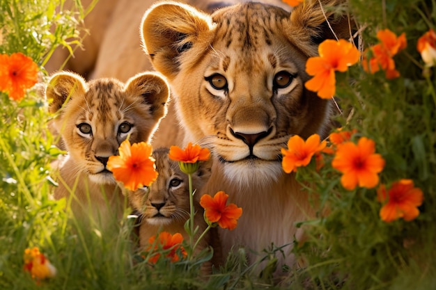 un petit lion et son petit sont dans l'herbe