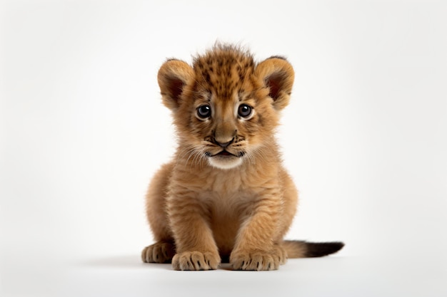 un petit lionceau assis sur une surface blanche