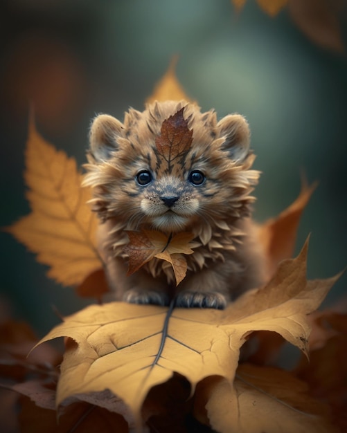 Un petit lionceau est assis sur une feuille en automne