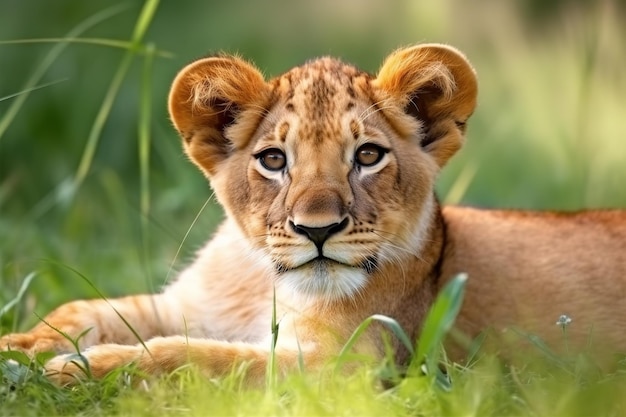 Petit lionceau reposant sur l'herbe verte des pâturages en été Illustration d'animaux de la faune AI générative