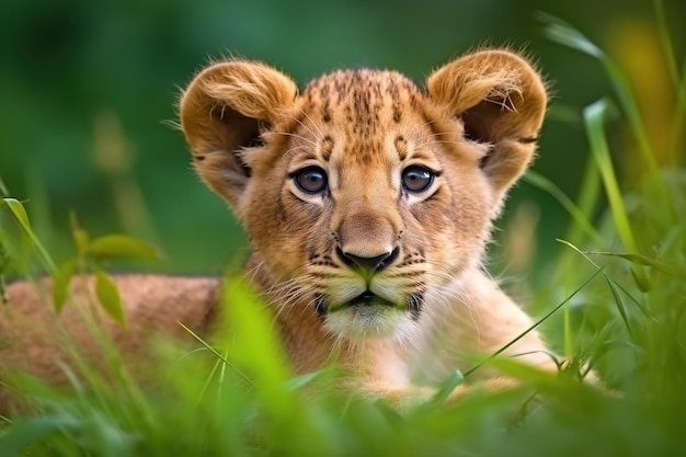 Petit lionceau reposant sur l'herbe verte des pâturages en été Illustration d'animaux de la faune AI générative