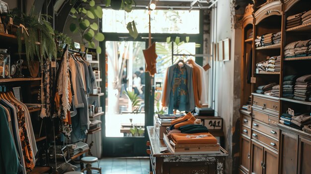 Photo un petit magasin de vêtements organise une vente. le magasin est décoré de plantes et a une atmosphère chaleureuse et accueillante.