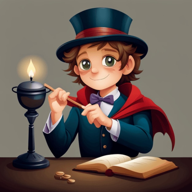 Un petit magicien s'entraînant avec une baguette et un livre de sorts prêt à lancer des sorts