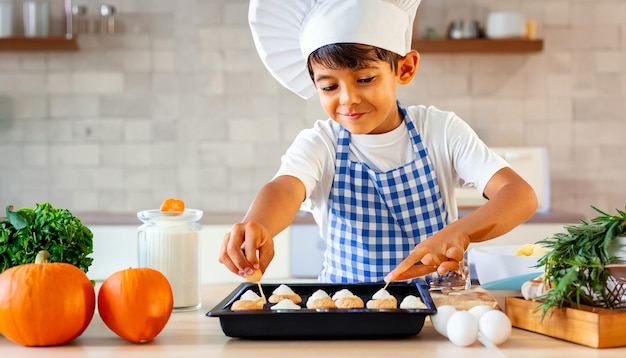 Petit maître culinaire petit cuisinier en tablier et toque de chef préparant de délicieuses friandises un culinaire