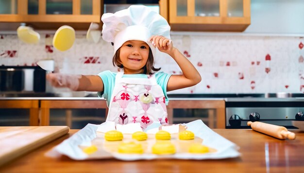 Petit maître culinaire petit cuisinier en tablier et toque de chef préparant de délicieuses friandises un culinaire