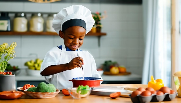 Petit maître culinaire petit cuisinier en tablier et toque de chef préparant de délicieuses friandises un culinaire