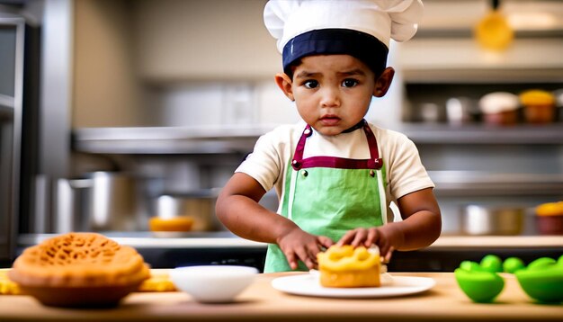 Photo petit maître culinaire petit cuisinier en tablier et toque de chef préparant de délicieuses friandises un culinaire