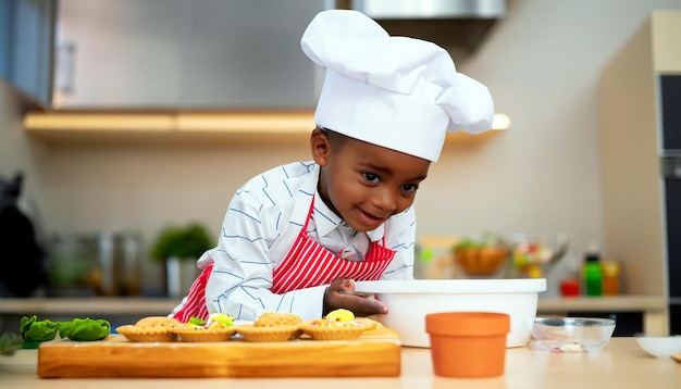 Petit maître culinaire petit cuisinier en tablier et toque de chef préparant de délicieuses friandises un culinaire