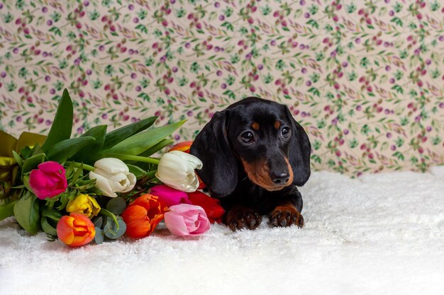 Petit mignon mini chiot teckel dans un panier avec des fleurs en plein air