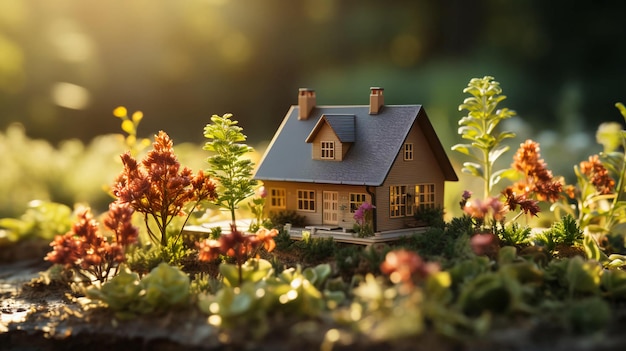 Un petit modèle d'une maison de campagne jouet sur fond de nature généré par l'IA