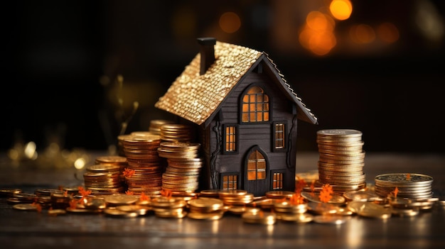 Un petit modèle d'une maison avec des pièces d'or stock immobilier