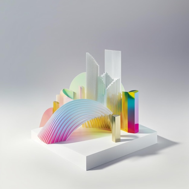 Un petit modèle en papier d'une ville avec une lumière de couleur arc-en-ciel.