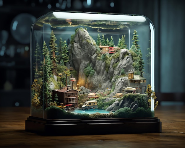 Un petit modèle d'un village dans un bocal en verre