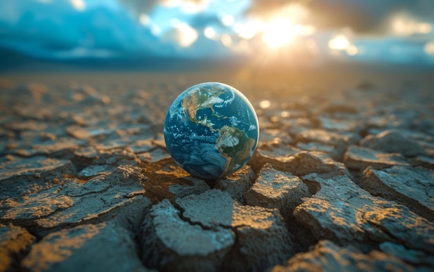 Un petit monde sur une terre fissurée mettant en évidence la transformation climatique