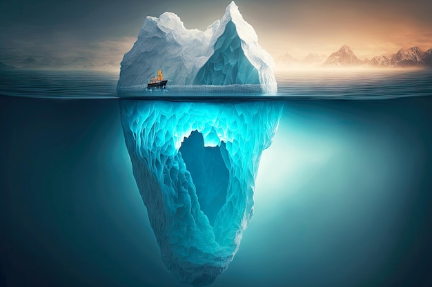 Petit navire très proche d'un iceberg flottant ressemblant à une forme de coeur avec une dépression sous l'eau