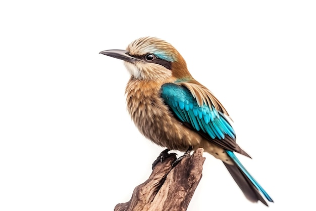 Un petit oiseau aux ailes bleues est assis sur une branche isolée sur un fond blanc