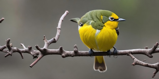 Un petit oiseau aux ailes jaunes est assis sur une branche.