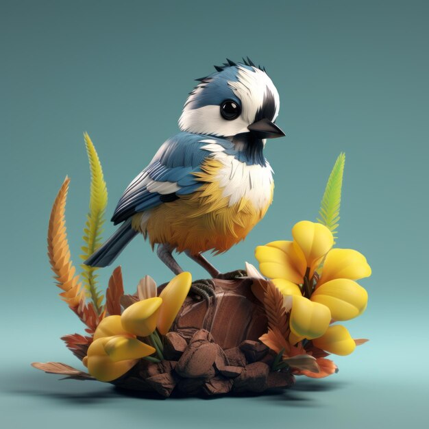 un petit oiseau bleu et jaune assis au sommet de quelques fleurs