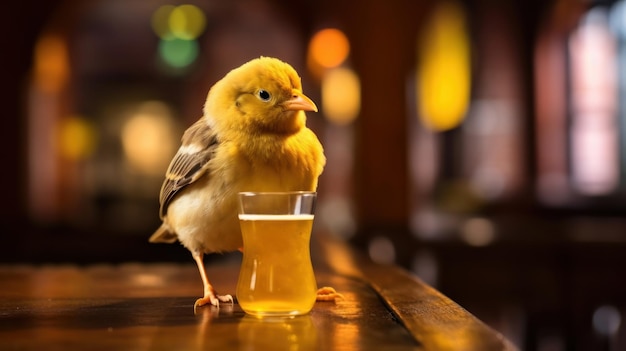 un petit oiseau boit dans un verre de bière.