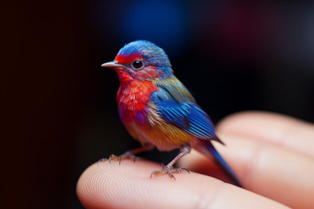 Un petit oiseau coloré assis sur une main humaine isolé sur un fond noir Un petit oize sur un doigt