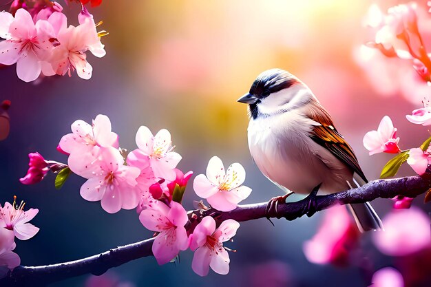 Un petit oiseau est assis sur une branche avec des fleurs de cerise roses sur un fond vert