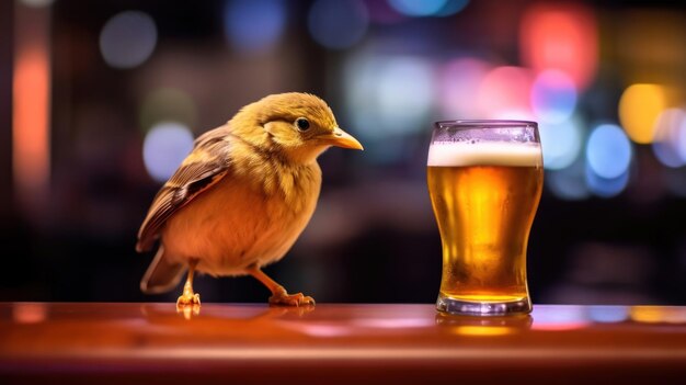 un petit oiseau est assis sur un comptoir de bar à côté d’un verre de bière plein.