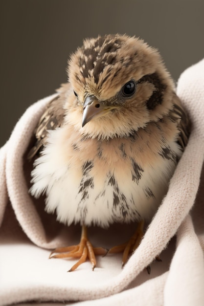 Un petit oiseau est enveloppé dans une couverture et a une tête tachetée de blanc et de noir.