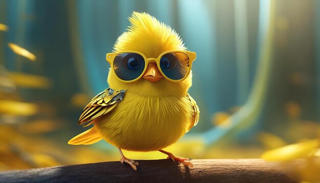 Photo un petit oiseau jaune 3d porte des lunettes de soleil assis sur une surface jaune