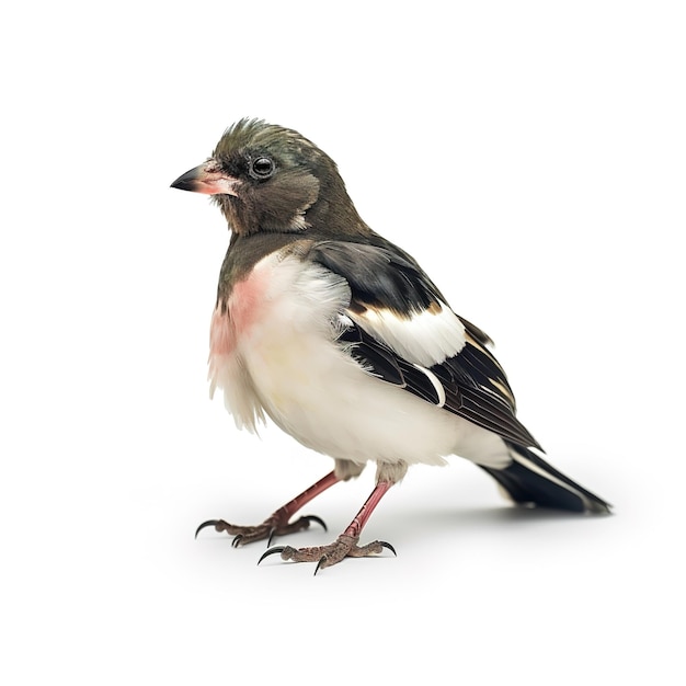 Un petit oiseau avec une poitrine noire et blanche et un œil rouge.