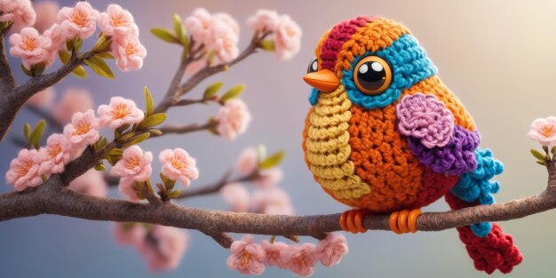 Petit oiseau tricoté assis sur une branche