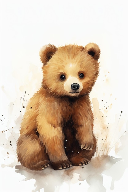 Petit ours brun dessiné dans le style de peinture à l'eau isolé sur fond blanc