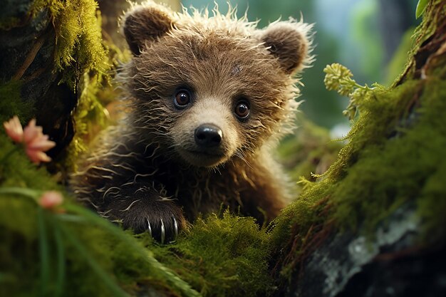 un petit ours brun est assis dans un arbre