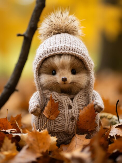 un petit ours brun portant un pull tricoté dans les feuilles d'automne