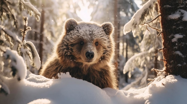 Photo petit ours dans la neige de l'hiver belle forêt de conifères au matin ensoleillé