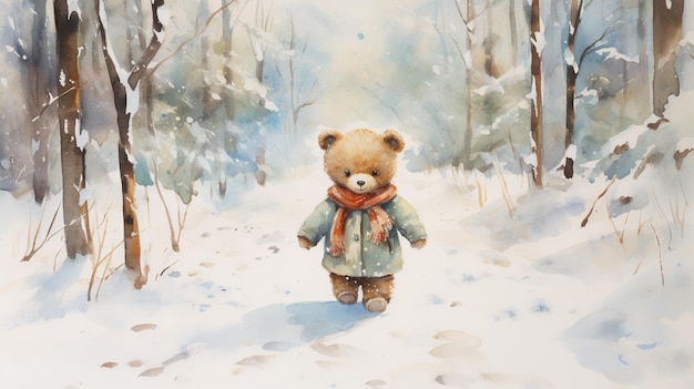 petit ours marchant dans la forêt d'hiver avec fond de neige aquarelle