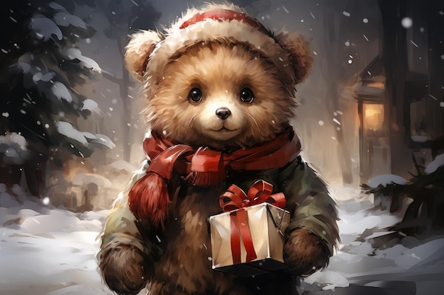 Petit ours de Noël avec un cadeau sur un fond de sapins aquarelle style avec de l'espace pour le texte