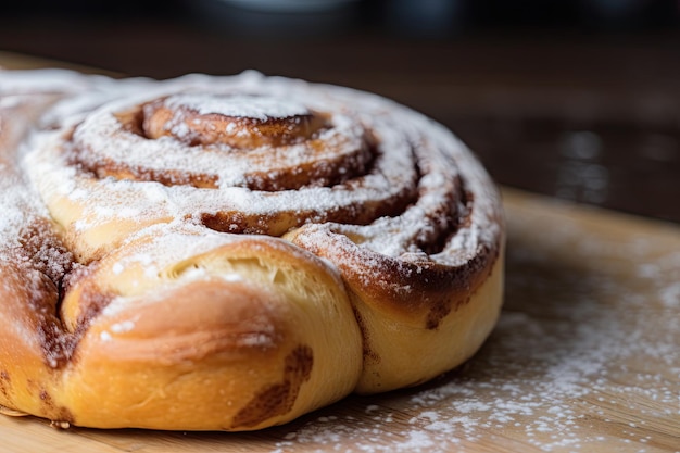 Petit pain à la cannelle chaud et gluant avec une pincée de sucre en poudre