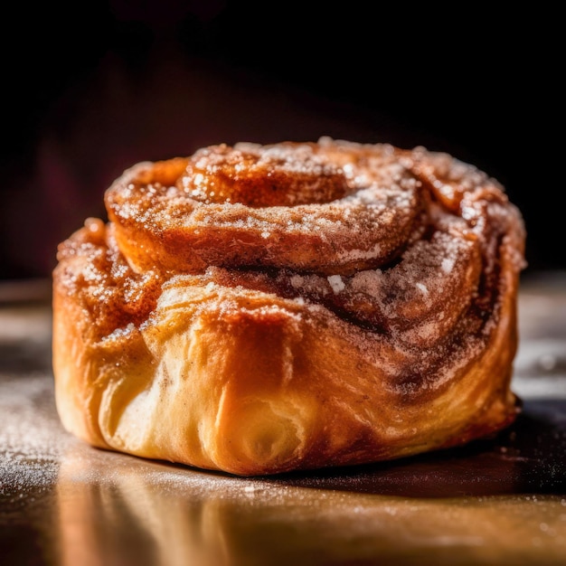 Un petit pain à la cannelle avec un fond sombre