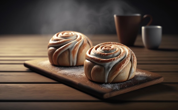 Un petit pain à la cannelle sur une planche à découper en bois avec une tasse de café. ai généré