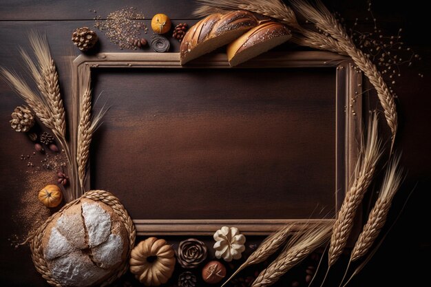 Photo un petit pain rugueux ou une baguette française avec du blé et de la farine sur un tableau noir coloré cuisine rurale ou boulangerie avec un espace de texte libre en arrière-planxaxa