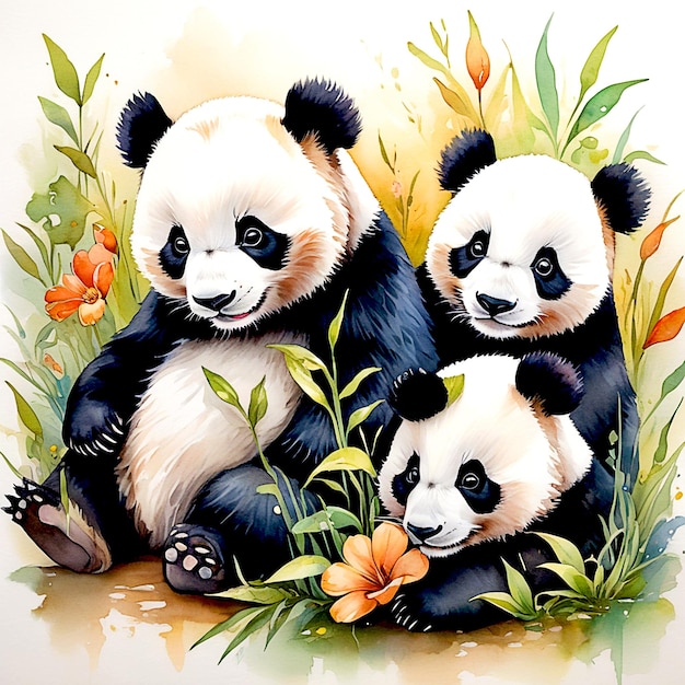 Petit panda mignon dans le parc avec des styles d'aquarelle de fleurs