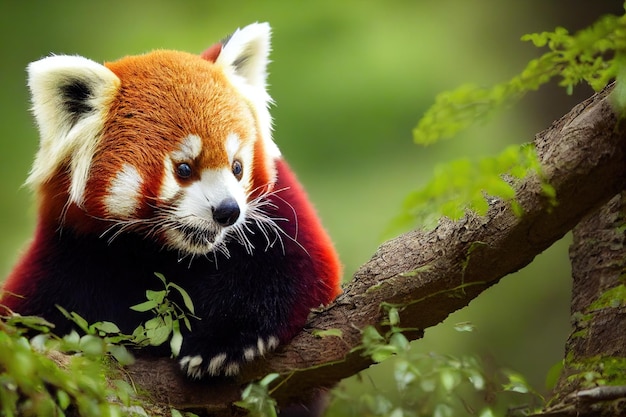 Petit panda rouge assis sur une branche cassée sur fond vert