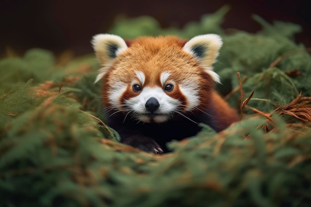 Photo un petit panda rouge est entouré de feuilles et de branches