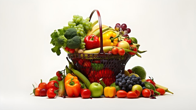 Un petit panier d'achat avec une sélection de fruits et légumes frais qui se renverse