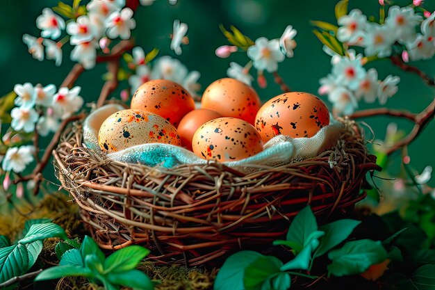 Un petit panier en osier rempli d'œufs de poule tachetés